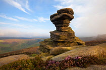 A millstone grit formation known as the 'Salt Cellar' on Derwent Edge, with Common Heather (Calluna vulgaris) in bloom, Peak District National Park, Derbyshire, UK. September.
