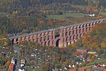 Goltzsch Viaduct, the largest brick bridge in the world, seen from the air. Northern Vogtland, Thuringia, Germany, October 2012.