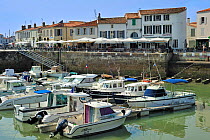 Pleasure boats and restaurants in the harbour at Saint-Martin-de-Re on the island Ile de Re, Charente-Maritime, France, September 2012