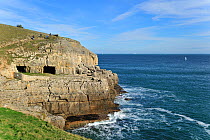 Tilly Whim quarry and caves at Anvil Point, Durlston Head on the Isle of Purbeck along the Jurassic Coast in Dorset, UK, November 2012