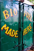 Shipping container with Bio Fuel Made Here printed on the doors, Hackney City Farm, London UK
