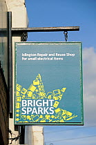 Bright Sparks sign, Islington Repair and Reuse Shop for small electrical items, London UK