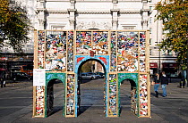 Marble Arch replica built from litter collected from nearby Oxford Street and which will hopefully be recycled when the structure is dismantled, Central London UK November 2011