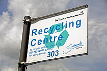 Recycling Centre direction sign against sky, Southwark Council, London, UK