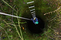 Kent Bat Group member descending a denehole or chalk cave to survey hibernating bats, near Faversham, Kent, UK, January 2011. Model released.