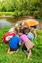 School children inspecting a invertebrate kick sample, from the River Haddeo, with adult supervising, Bury, Exmoor National Park, Somerset, UK. May 2012. Editorial use only