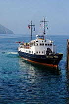MS Oldenburg, Lundy's own ship, moored at a jetty, Lundy Island, Devon, England, UK, May.