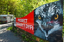 Sign with close-up portrait of an Osprey (Pandion haliaetus) outside entrance to the Dyfi Osprey Project, Powys, Wales, UK, May 2012.
