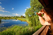 Woman looking out from a birdwatching hide, Woodwalton Fen National Nature Reserve, Cambridgeshire, England, UK, July 2012.