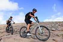 Mountain bikers on upland path on route to Ben Macdui, Cairngorms National Park, Scotland, UK, August.