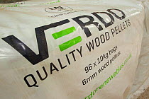 Bag of wood pellets used for fuel. Alvie estate, Scotland, UK, May.