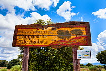 Welcome sign to Campanarios de Azaba Biological Reserve, a rewilding Europe Area, Salamanca, Castilla y Leon, Spain