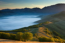 The Piano Grande at dawn with mist lying in the valley, Monti Sibillini National Park, Umbria, Italy May 2012