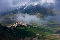 Looking down on Castelluccio and the Piano Grande, Monti Sibillini National Park, Umbria, Italy May 2012