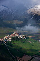 Looking down onto Castelluccio and the Piano Grande, Monti Sibillini National Park, Umbria, Italy May 2012