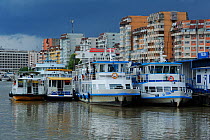 Boats moored at Tulcea river port, Danube delta, Romania, May 2012