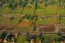 Aerial view of Letea village, showing some signs of depopulation, within the Danube delta rewilding area, Romania, June 2012
