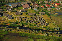Aerial view over Green Village lodge, Sfinthu Gheorghe, within the Danube delta rewilding area, Romania June 2012