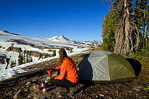 Campsite tent erected on the Death Canyon Shelf along the Teton Crest Trail in Grand Teton National Park. Wyoming, USA, July 2011 Model released