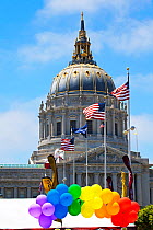 Lesbian Gay Bisexual Transgender Pride Parade, balloons and American flags outside City Hall, Civic Center Plaza, San Francisco, California, USA, June 2011
