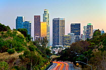 Pasadena Freeway, CA Highway 110, at dusk leading into downtown Los Angeles, California, USA, June 2011