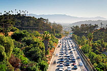 Heavy traffic on the Pasadena Freeway, CA Highway 110, leading into downtown Los Angeles, California, USA, June 2011