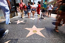 Tourists looking at stars on Walk of Fame, Hollywood Boulevard, Los Angeles, California, USA
