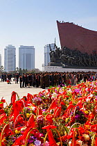 Mansudae Grand Monument depicting the 'Anti Japanese Revolutionary Struggle' and 'Socialist Revolution and Construction' Mansudae Assembly Hall on Mansu Hill, Pyongyang, Democratic Peoples' Republic o...