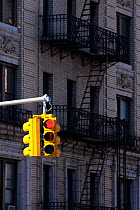 Traffic lights on red and typical buildings in the district of Harlem, New York, USA 2011