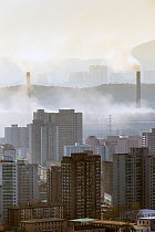 City skyline and pollution from coal fired power plants, Pyongyang, Democratic Peoples' Republic of Korea (DPRK), North Korea, 2012