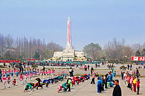 Children practising gymnastics / mass games outside the Grand Theatre, Hamhung, Democratic Peoples' Republic of Korea (DPRK), North Korea 2012