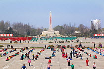 Children practising mass games outside the Grand Theatre, Hamhung, Democratic Peoples' Republic of Korea (DPRK), North Korea 2012