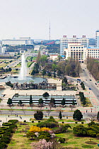 Elevated view over the city skyline of Pyongyang, Democratic Peoples' Republic of Korea (DPRK), North Korea, 2012