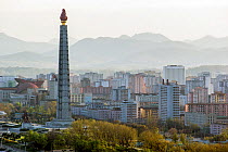 Pyongyang city skyline and the Juche Tower, Democratic Peoples' Republic of Korea (DPRK), North Korea, 2012