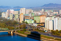Elevated city skyline of capital Pyongyang, including the Ryugyong hotel and Taedong river, Democratic Peoples' Republic of Korea (DPRK), North Korea, 2012