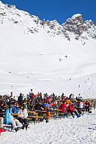 Resort pistes and mountain restaurant at St Anton am Arlberg, Tirol, Austria, 2008