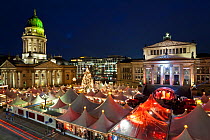Traditional Christmas Market at Gendarmenmarkt, elevated view illuminated at night, Berlin, Germany 2009