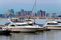 USA, Massachusetts, Boston, City skyline and boats moored in the harbour