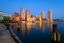 Skyline and inner harbour including Rowes Wharf at dawn, Boston, Massachusetts, USA 2009