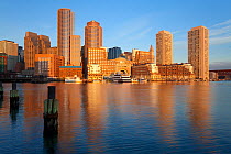 Skyline and inner harbour including Rowes Wharf at dawn, Boston, Massachusetts, USA 2009