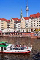 Tour boat on the Spree Canal in front of St. Nicholas Quarter, Berlin, Germany, 2007