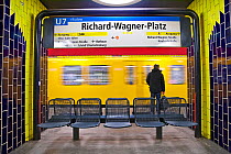 Moving train pulling into the station in modern subway station, Berlin, Germany 2009