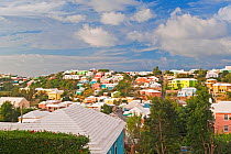 Traditional Bermuda houses with their white stone roofs and colourful walls, Hamilton, Bermuda 2009
