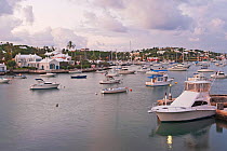 View across harbour with boats and coastal houses, Hamilton, Bermuda 2007