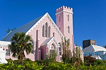Typical Bermudian church and pastel architecture found in historical town of St George, an UNESCO World Heritage Site, Bermuda 2007