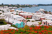 Elevated view over the harbour and white stone roofed pastel coloured buildings of historical town of St George, an UNESCO World Heritage Site, St George's Parish, Bermuda 2007