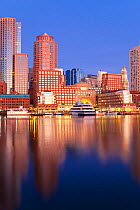 Skyline and inner harbour including Rowes Wharf at dawn, Boston, Massachusetts, USA 2009. No release available.