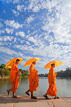 Three Monks with parasols by the moat surrounding Angkor Wat Temple complex, Siem Reap, Cambodia, 2010
