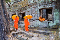 Buddhist monks relaxing in Ta Phrohm Temple, Angkor Wat, Siem Reap, Cambodia 2010