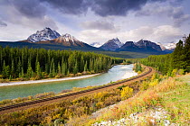 View of the Rocky mountains from Morant's Curve on the CPR line along the Bow River near Lake Louise in Banff National Park, Alberta, Canada, 2007